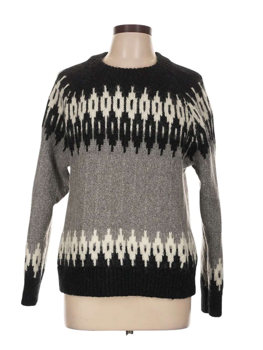 J. Crew Fair Isle Crewneck Sweater S Black Gray Alpaca Wool Chunky Relaxed
